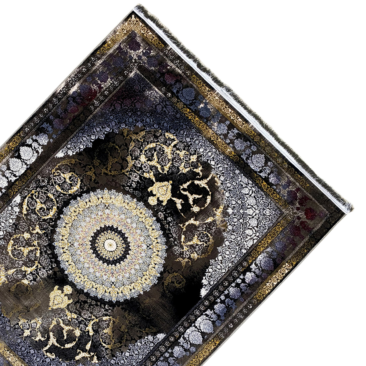 Teppich 170x240 cm, gedreht fotografiert: dunkles Ornamentdesign mit rundem Medaillon, Saum