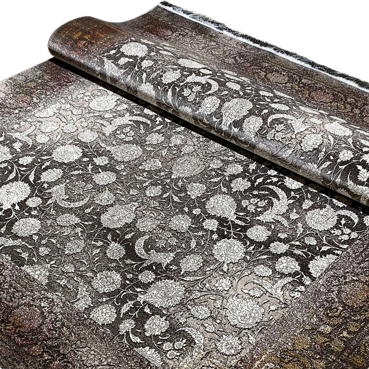 Velours-Teppich 170x240 cm mit silbernem floralen Ornamentmuster, dunkler Grundfarbe