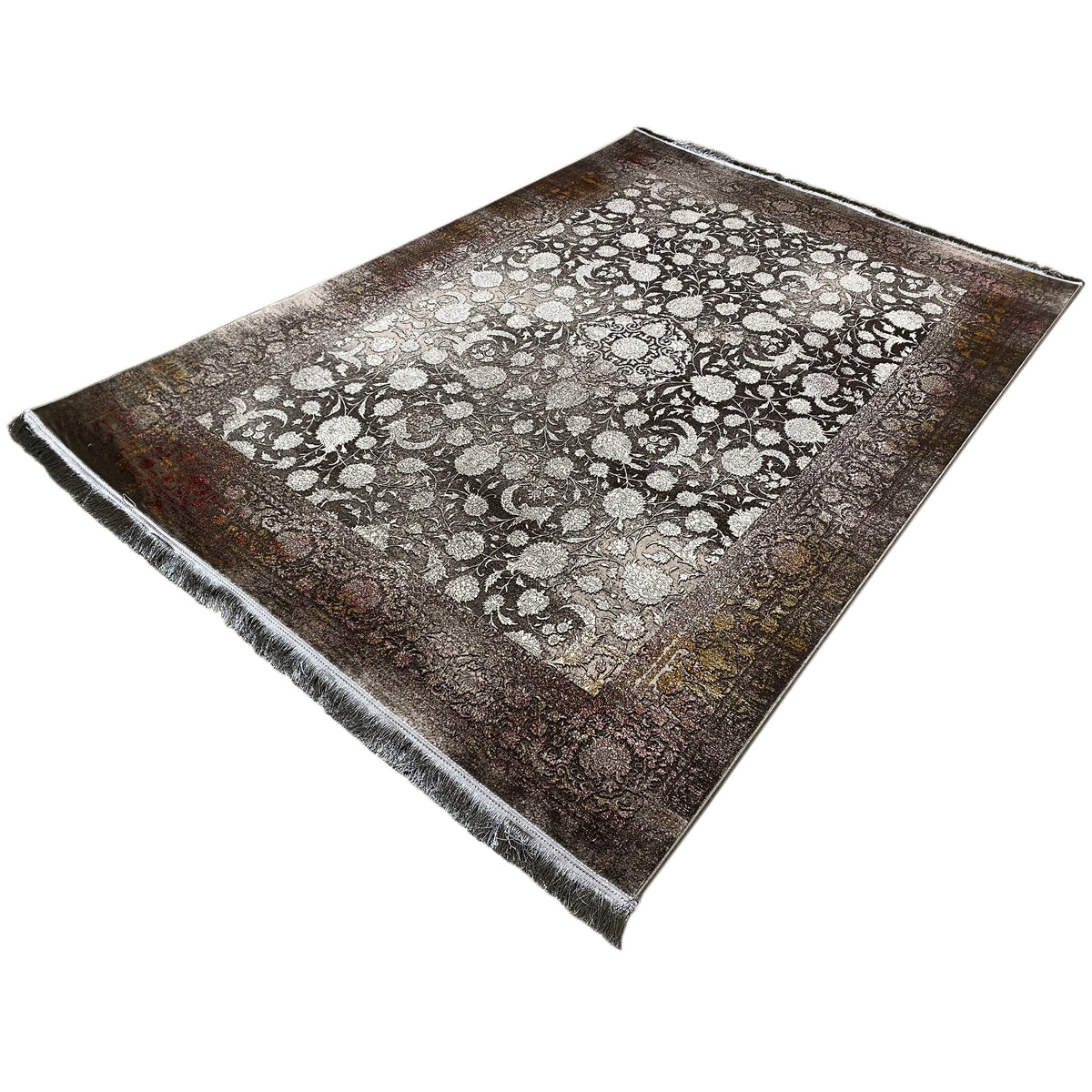 Teppich 170x240 cm flach ausgebreitet, dunkelbraune Bordüre, helles Musterfeld, Fransen