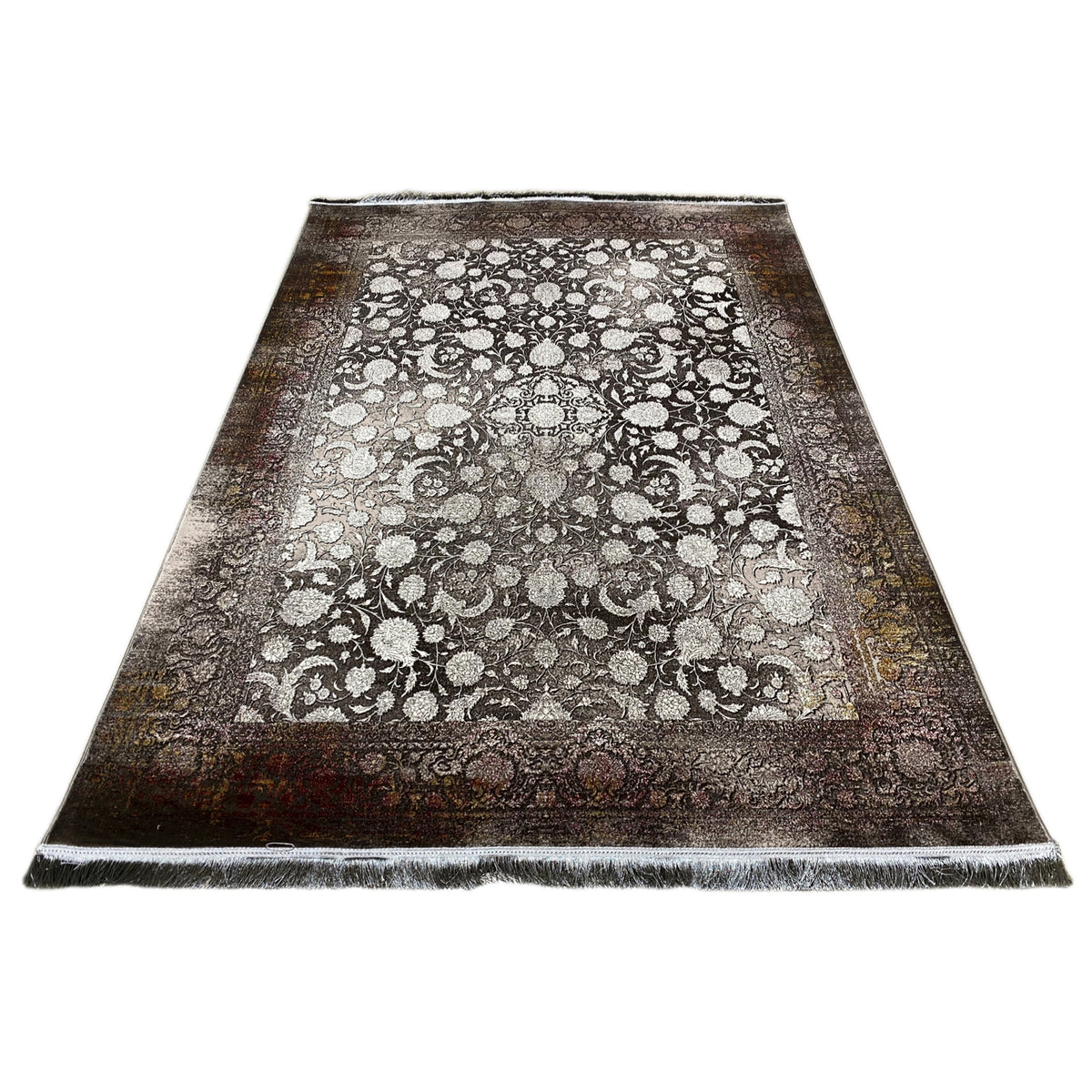 Teppich 170x240 cm großflächig, symmetrisches Floralmuster auf dunklem Untergrund, Fransen
