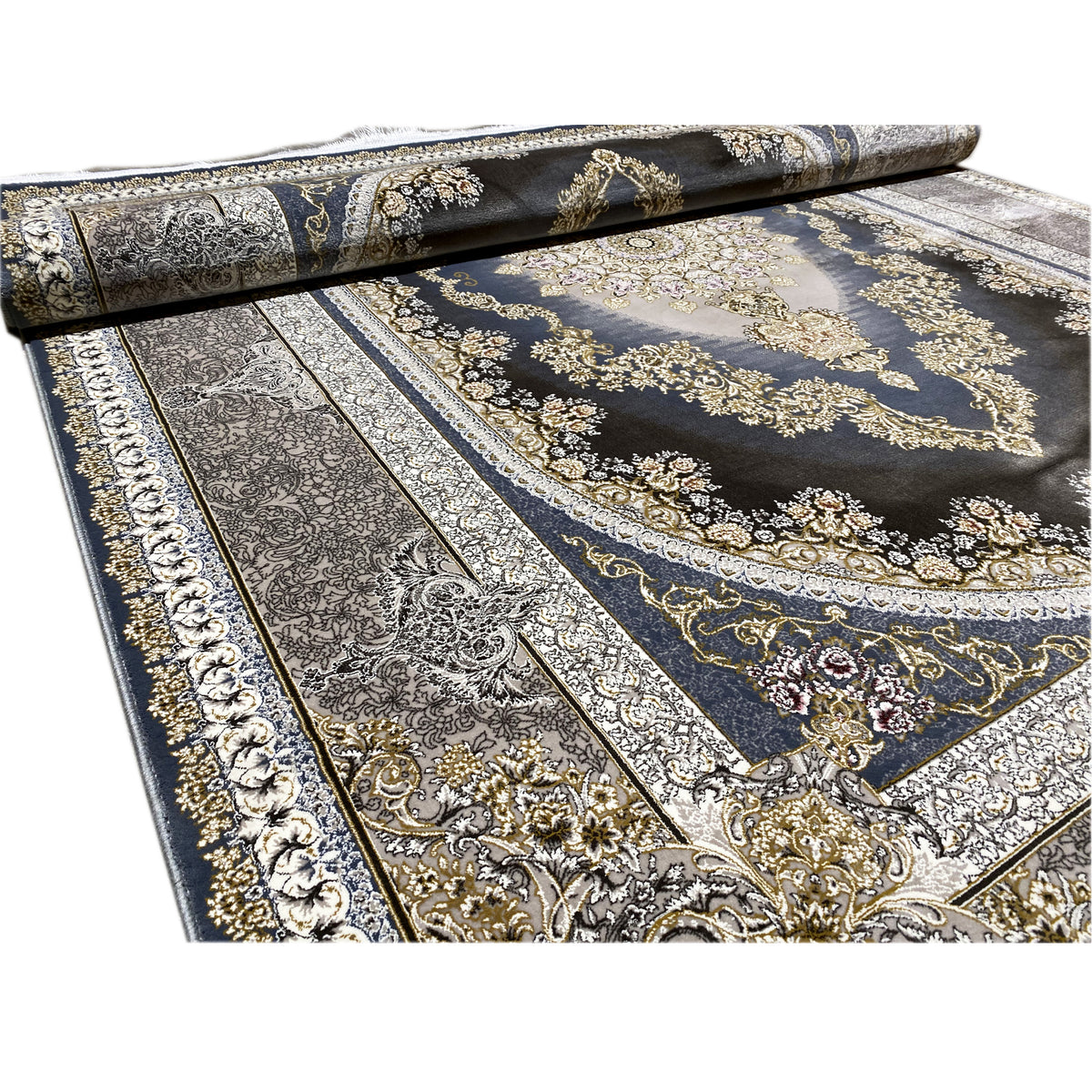 Teppich 170x240 cm gerollt: dunkelblau mit silbernen Arabesken und goldenen Akzenten