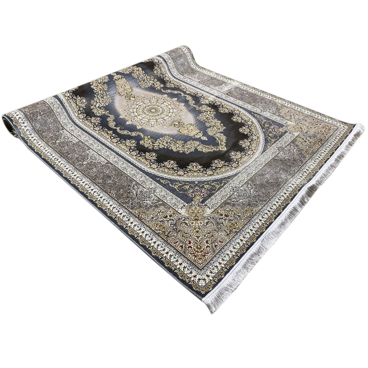 Teppich 170x240 cm mit dunkelblauem Medaillon und goldener Ornamentbordüre