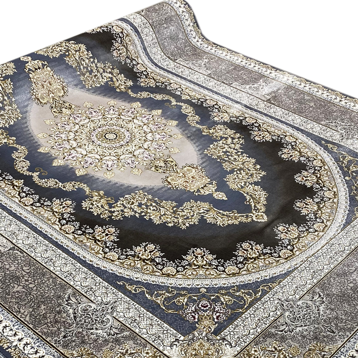 Teppich 170x240 cm Nahansicht: dunkelblaue Fläche mit Kreisornamenten und silberner Einfassung