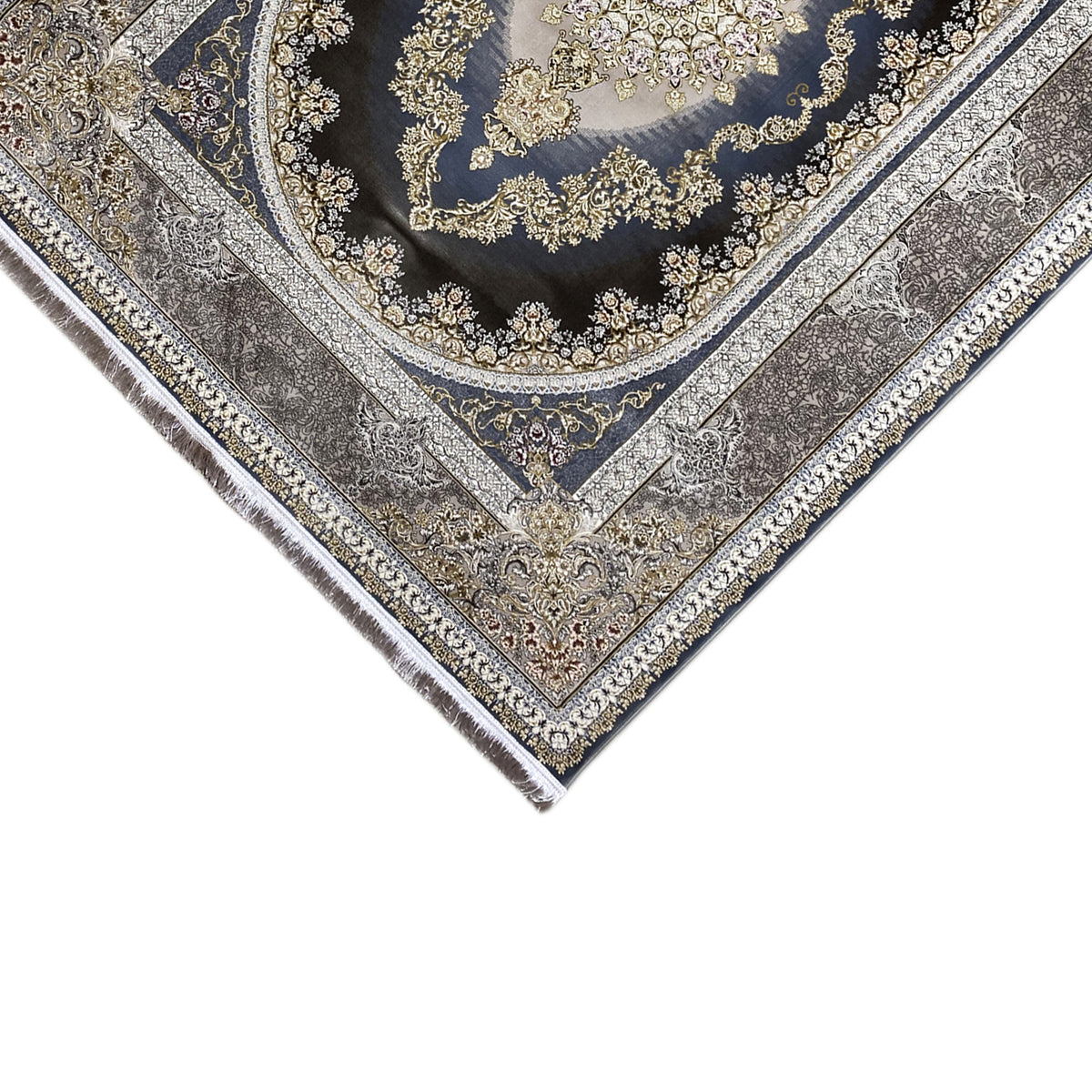 Orientteppich 170x240 cm mit dunkelblauem Zentrum, silbernen Linien, floralem Goldmuster und Fransen