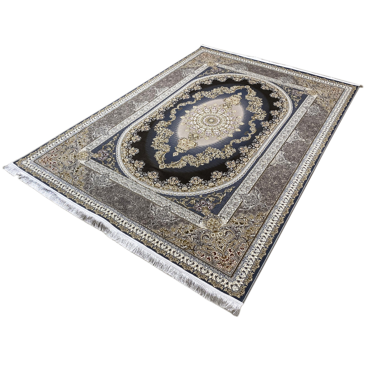 Orientteppich 170x240 cm, schräg gelegt: ovales Medaillon, dunkelblau, goldene Ornamente, Fransen