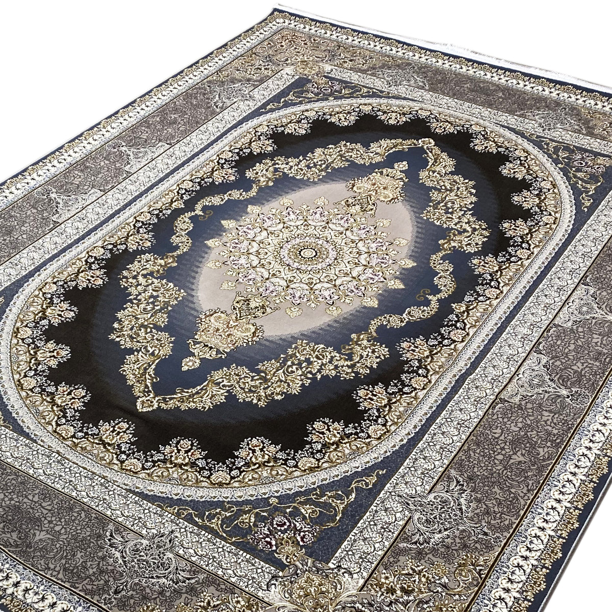 Orientteppich 170x240 cm Nahansicht: Medaillon mit feinen Goldornamenten auf dunkelblau