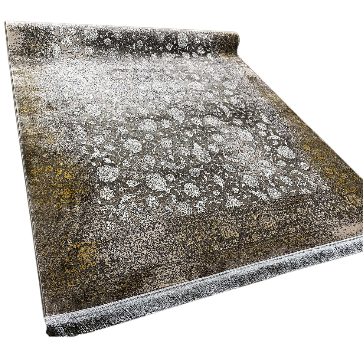 Teppich 170x240 cm, florales Ornamentmuster in Grau/Silber mit dunklem Rand, Fransen