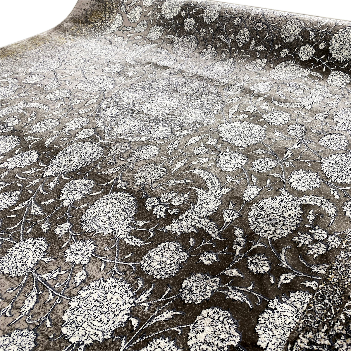 Teppich 170x240 cm, dichtes Blumenornament in Grau/Silber auf dunklem Untergrund