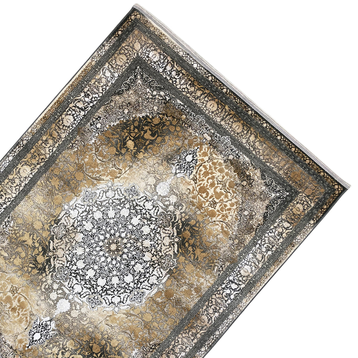 Rechteckiger Teppich mit gemustertem Mittelmotiv und dekorativer Rahmenbordüre in Gold/Silber.