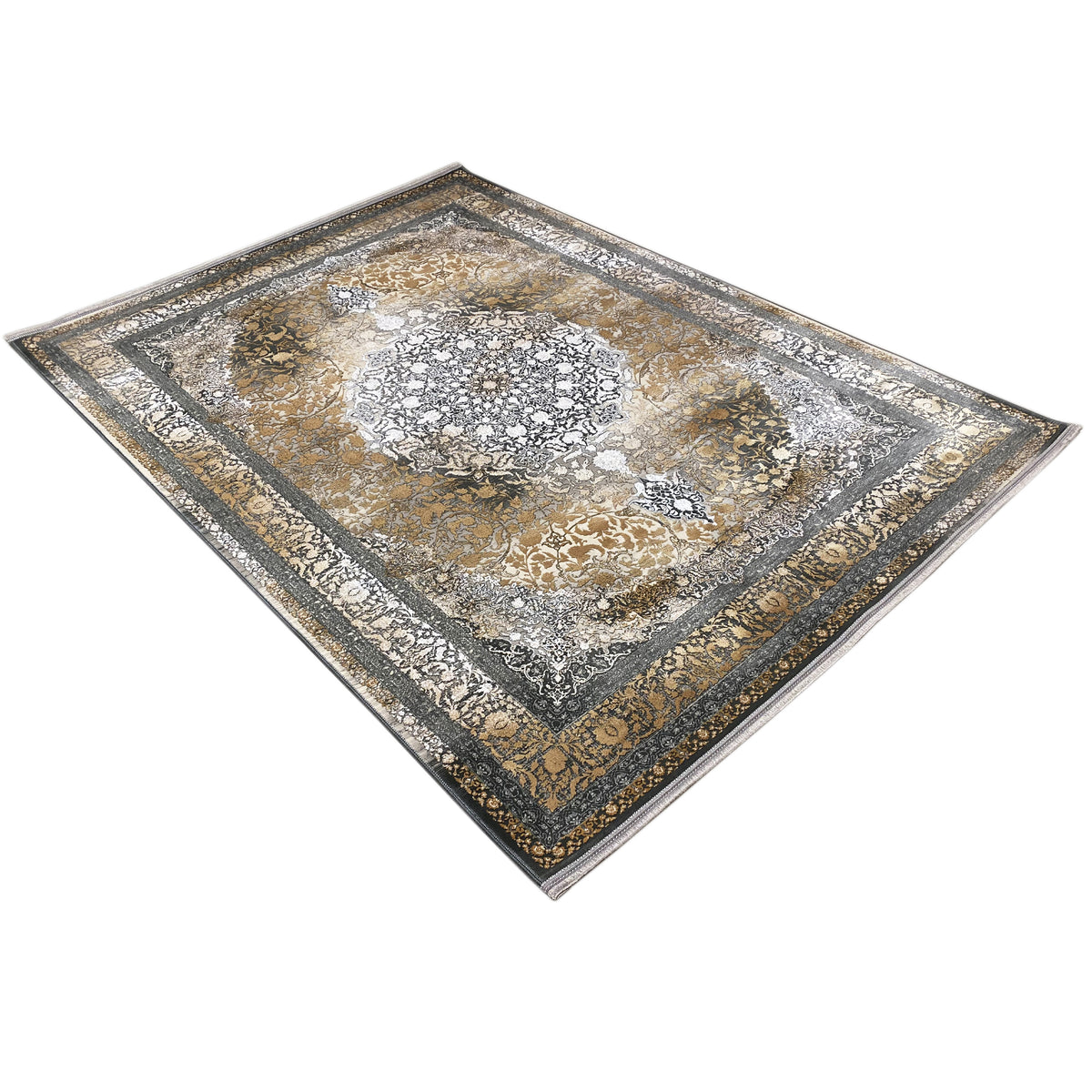 Rechteckiger Teppich mit zentralem Schmuckmotiv und dunkler Außenbordüre in Gold/Silber.