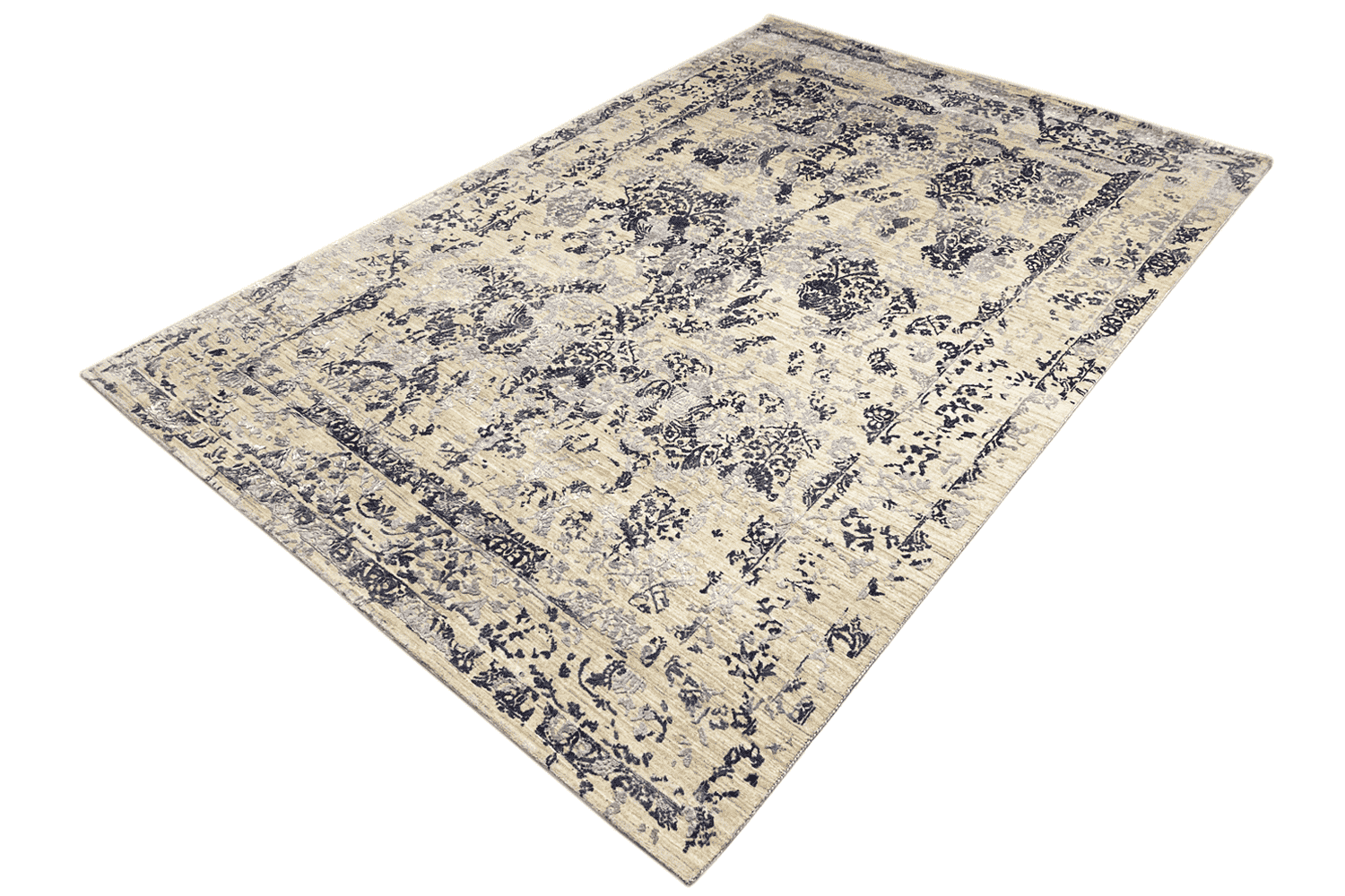 Moderner Beiger und Navy Blauer Designer Teppich - Handgefertigt aus Wolle/Viskose, 304x205 cm (8x10 ft) - German Carpet Shop