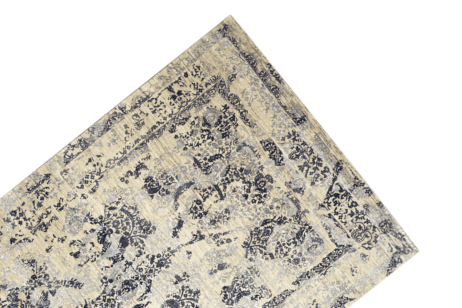 Moderner Beiger und Navy Blauer Designer Teppich - Handgefertigt aus Wolle/Viskose, 304x205 cm (8x10 ft) - German Carpet Shop