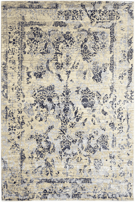 Moderner Beiger und Navy Blauer Designer Teppich - Handgefertigt aus Wolle/Viskose, 304x205 cm (8x10 ft) - German Carpet Shop