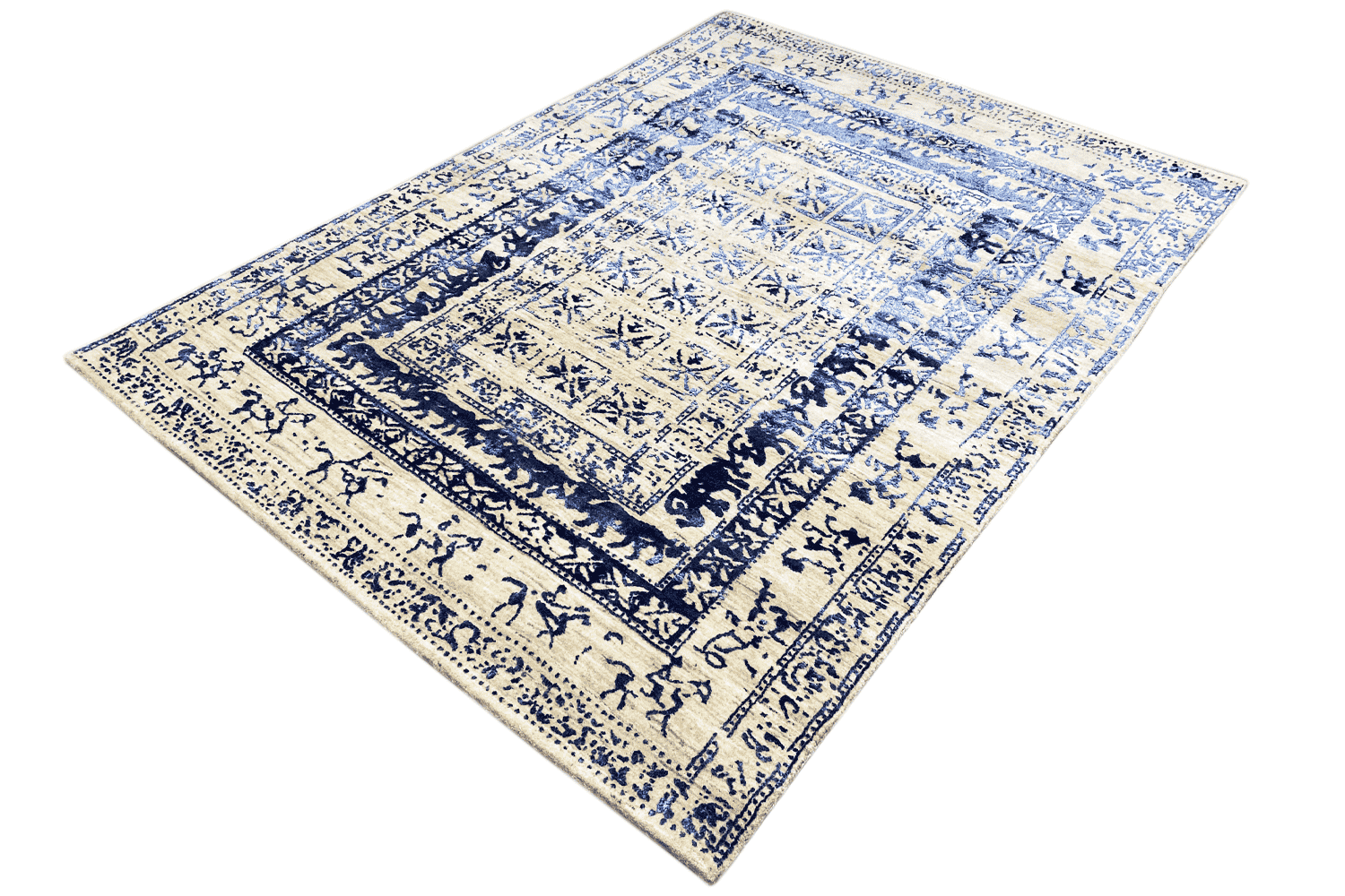 Moderner Beiger und Blauer Designer Teppich - Handgefertigt aus Wolle/Viskose, 235x171 cm (8x5.6 ft) - German Carpet Shop