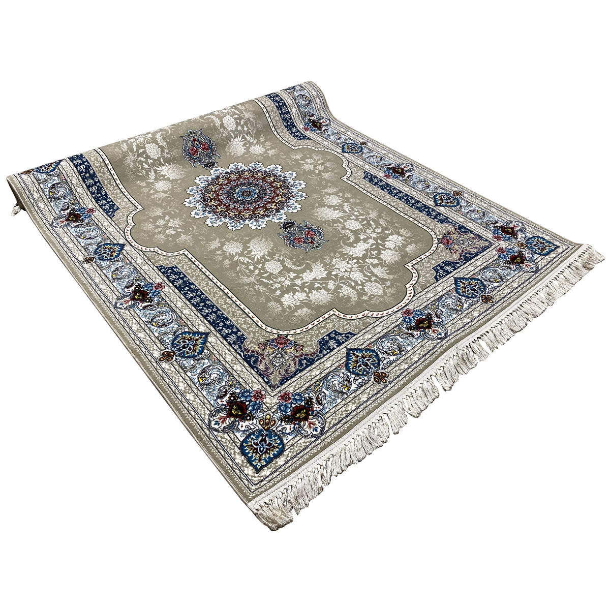 Teppich 170x240 cm Gesamtansicht: beige Grund, blauer Ornamentrand, Quastenfransen