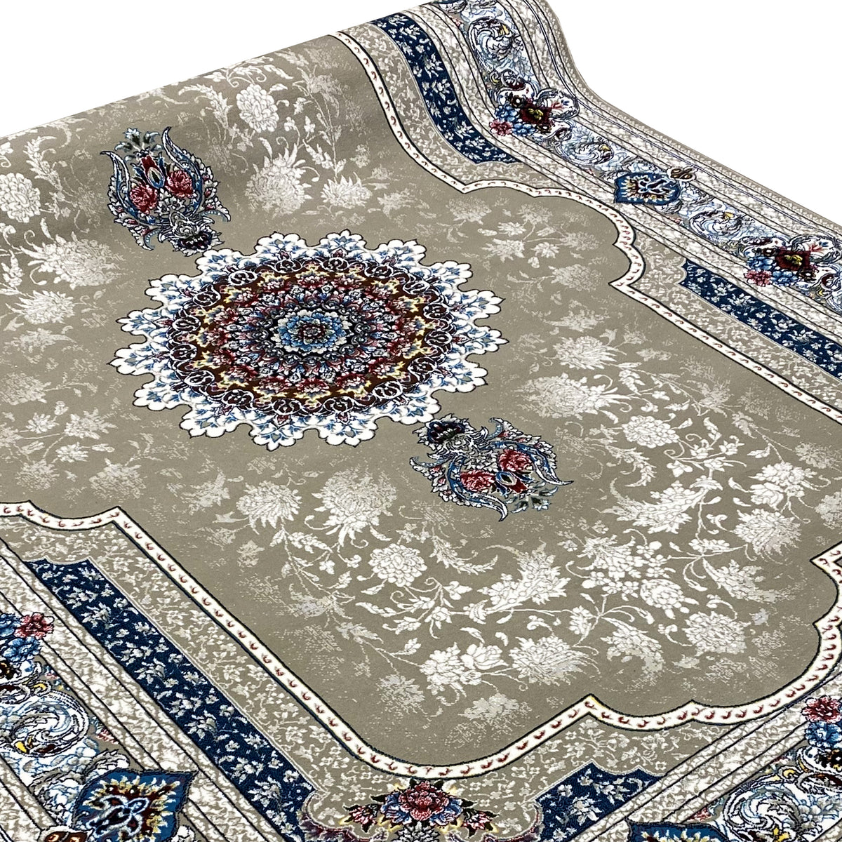 Beiger Teppich mit blau-weißen Ornamenten und Bordüre, zentrales Medaillon