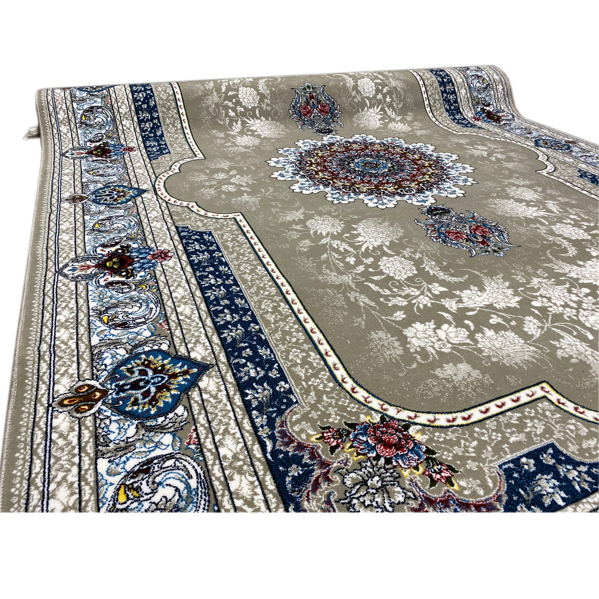 Beiger Teppich mit blauem Rahmen und floralen Ornamenten, seitliche Bordüre