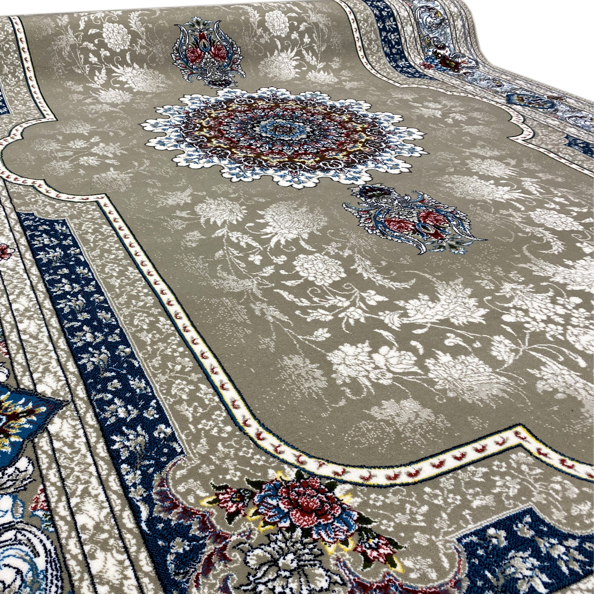 Beiger Teppich mit Medaillon in Blau und bunten Akzenten, florale Ornamente