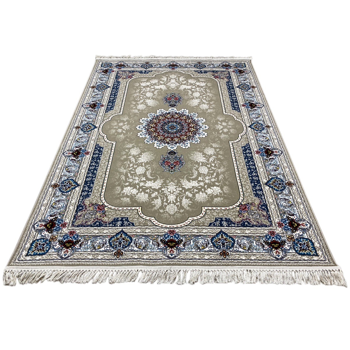 Teppich 170x240 cm, flach liegend: zentrales Medaillon, blau eingefasster Rand, Fransen