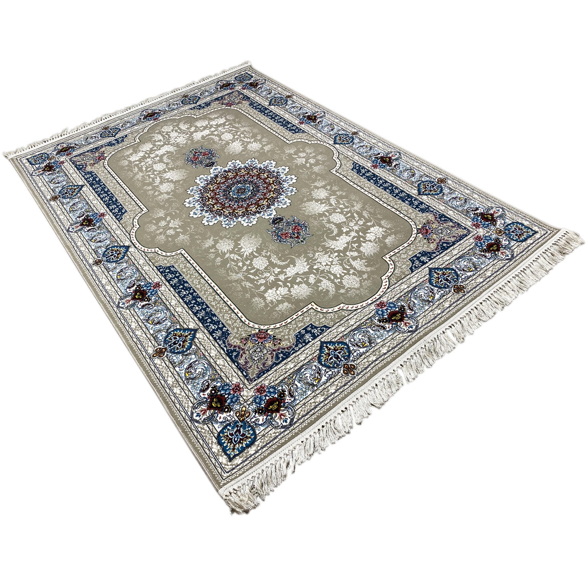 Teppich 170x240 cm im schrägen Blick, beige Grund mit blauem Rahmen, Fransen