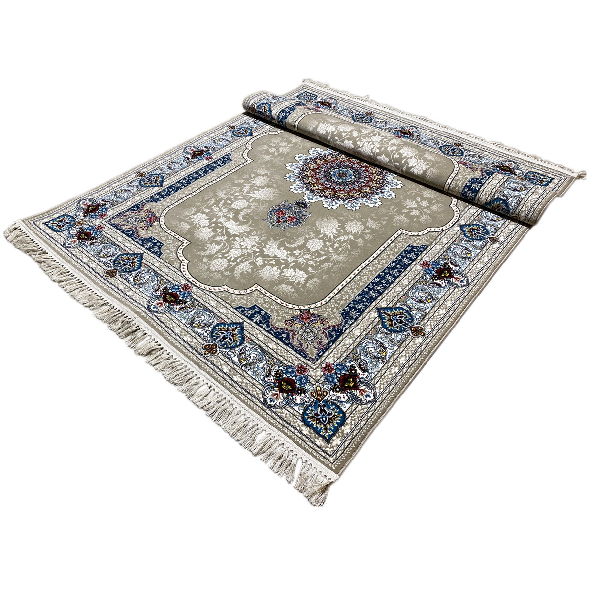 Teppich 170x240 cm gerollt: beige Basis mit blauem Ornamentrahmen und Fransen