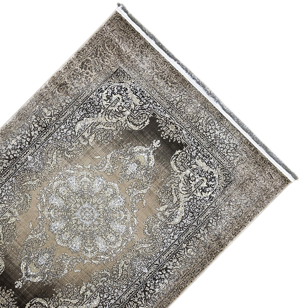 Teppich diagonal: silbernes Medaillon, ornamentale Bordüre, dunkelgrau/hellbeige