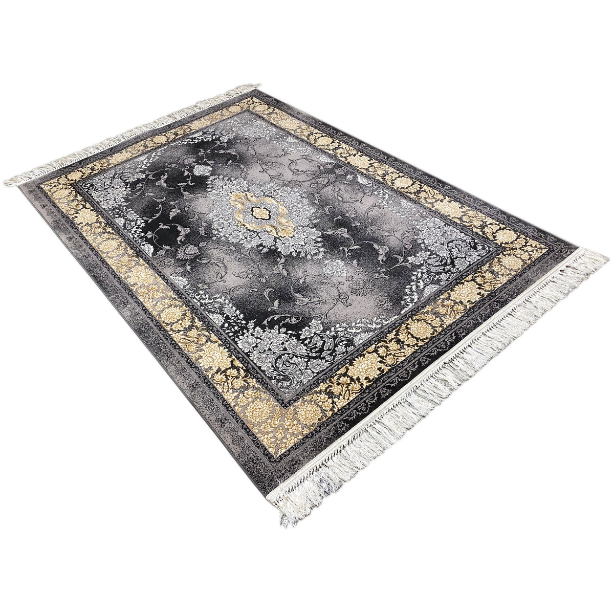 Teppich 160x230 cm auf Diagonale: silbergrau-schwarzes Muster, goldener Eckrahmen, Fransen