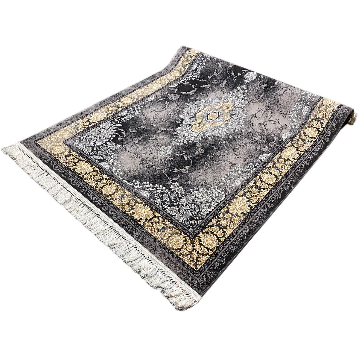 Teppich 160x230 cm: silbergrau-schwarzer Blumenornament-Look, goldener Bordürenrahmen, Fransen