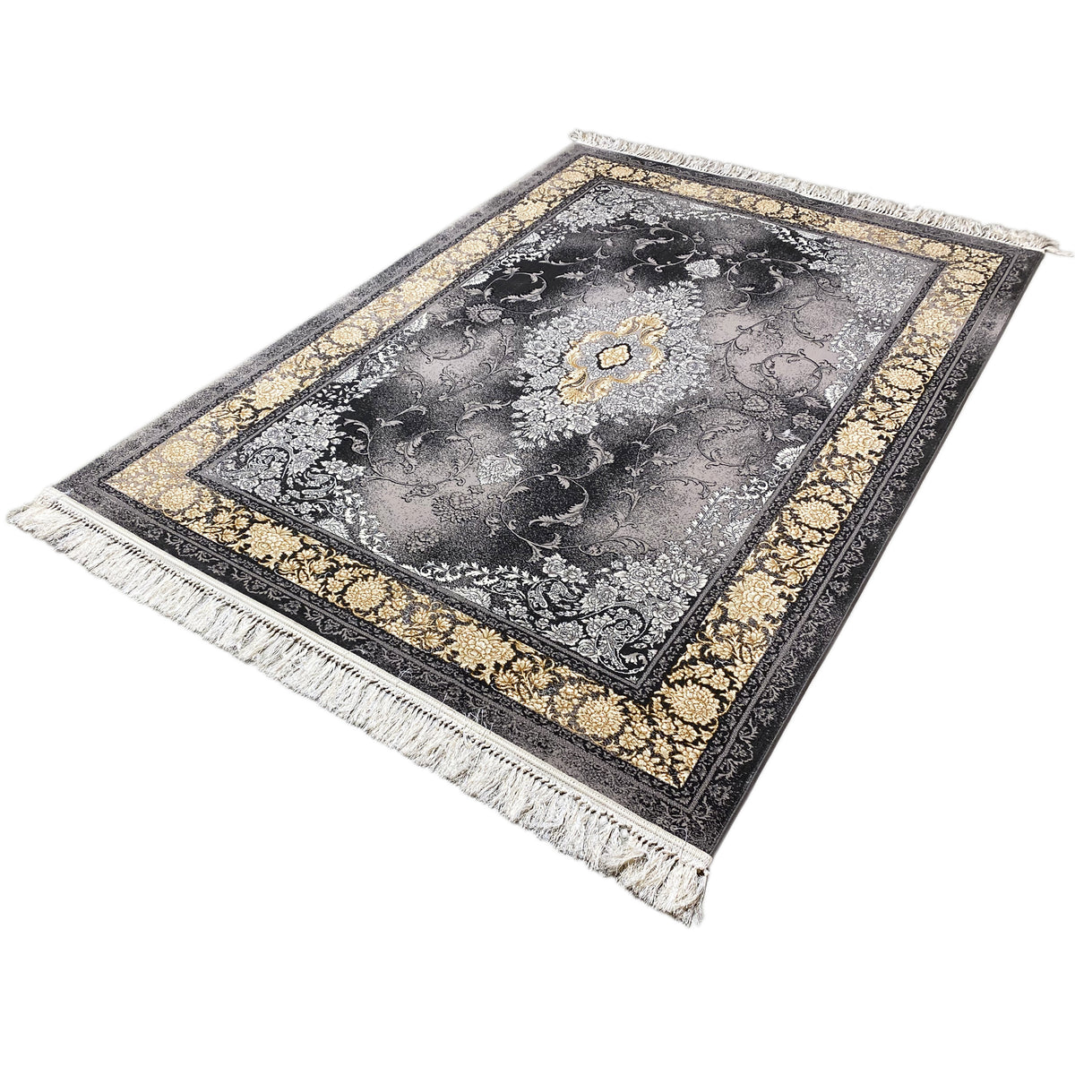 Teppich 160x230 cm: grauschwarzer Flor mit Ornamenten, goldfarbener Zierbandrahmen, Fransen