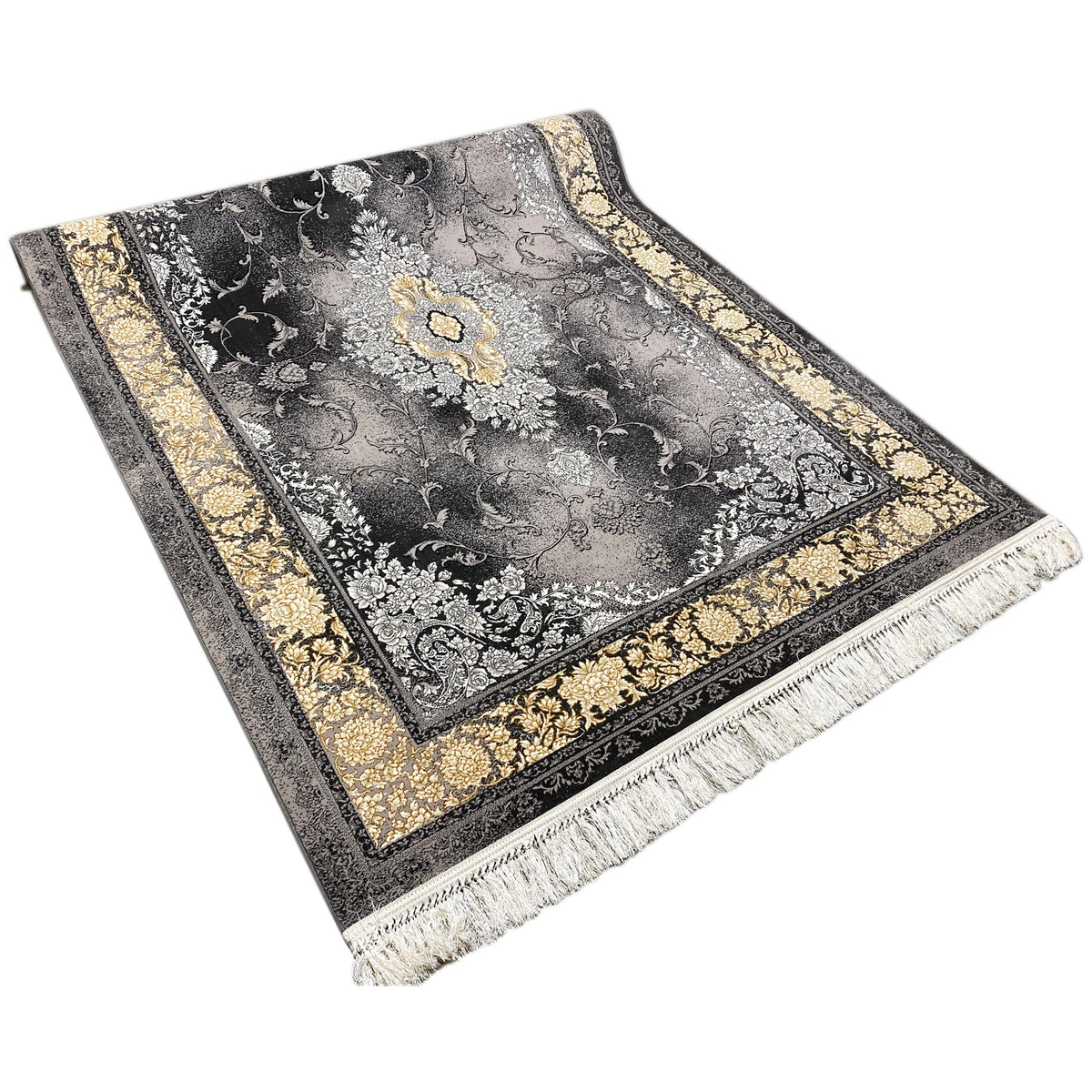 Teppich 160x230 cm: silbergrauer Vintage-Ornamentstil, goldfarbener Rand, schwarze Einfassung, Fransen