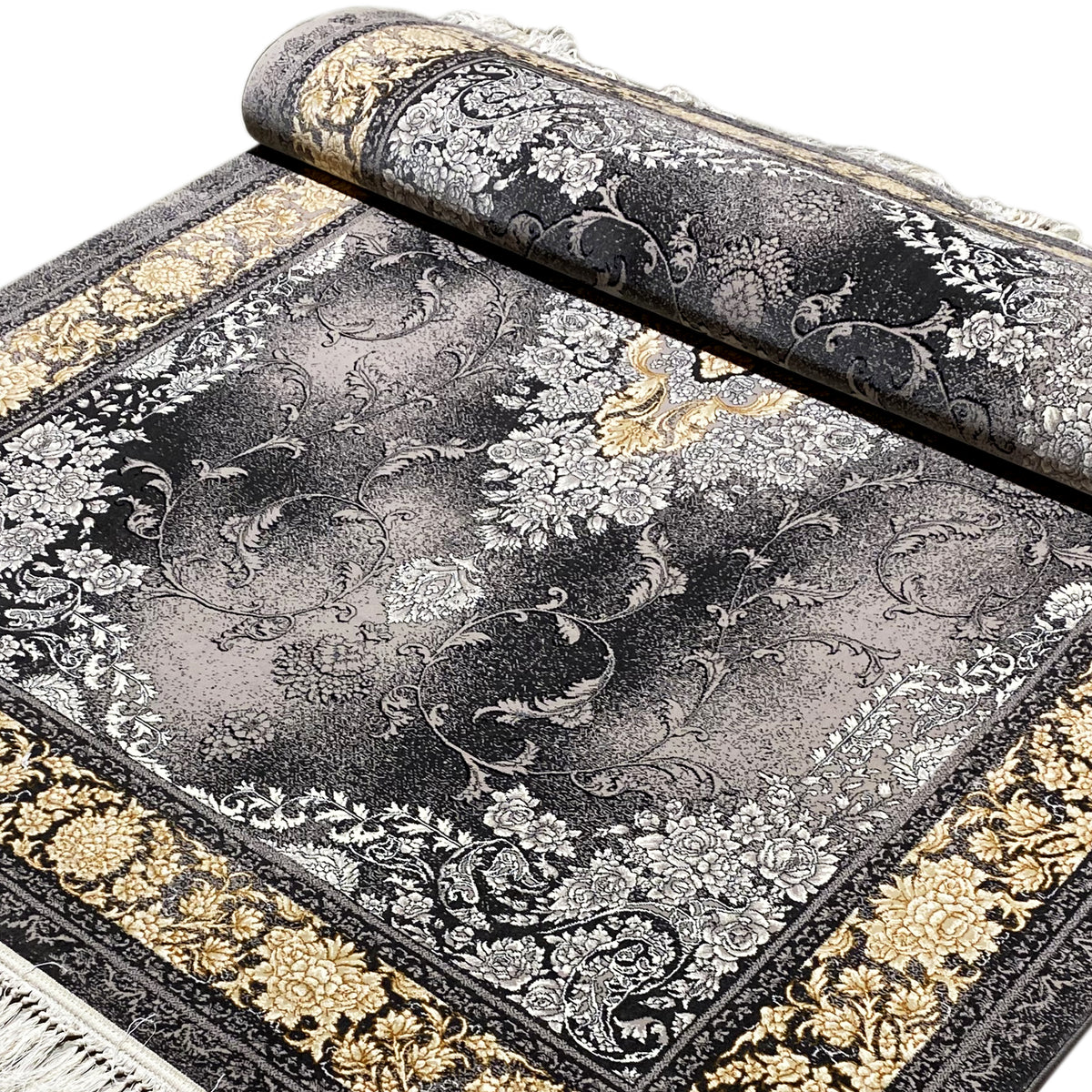 Teppich mit grauem Barockmuster, goldfarbener Bordüre und schwarzen Ranken