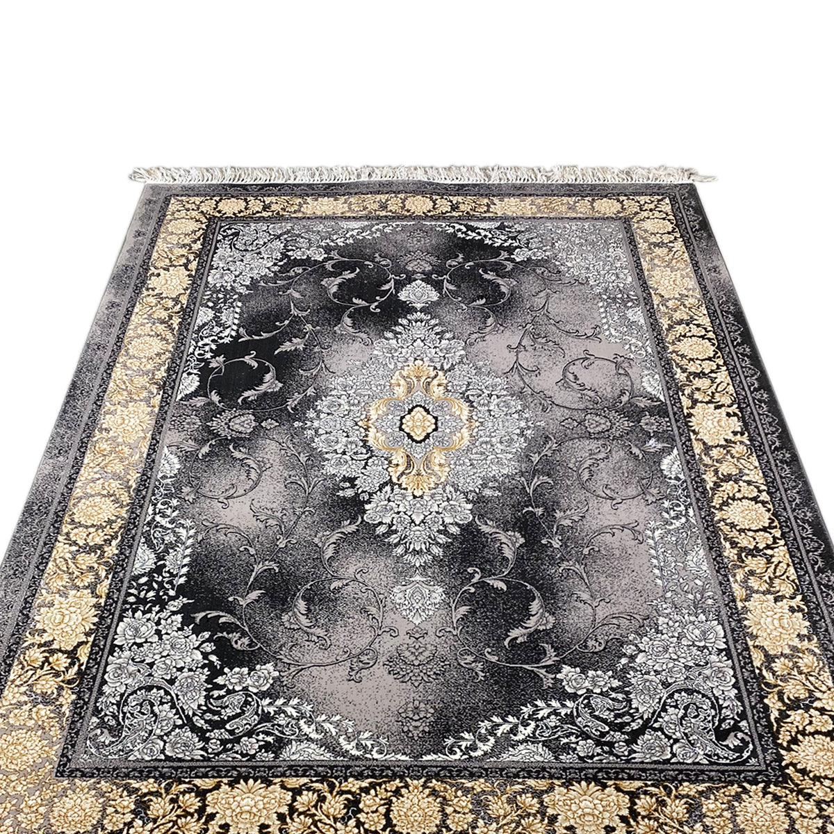 Teppich in Grau mit floraler Ornamentik, schwarzem Rahmen und goldener Zierleiste
