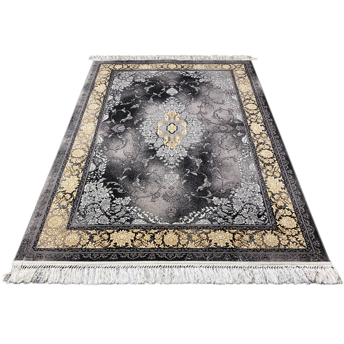 Teppich mit grauem Floraldessin, goldschimmernder Mittelapplikation und Fransen