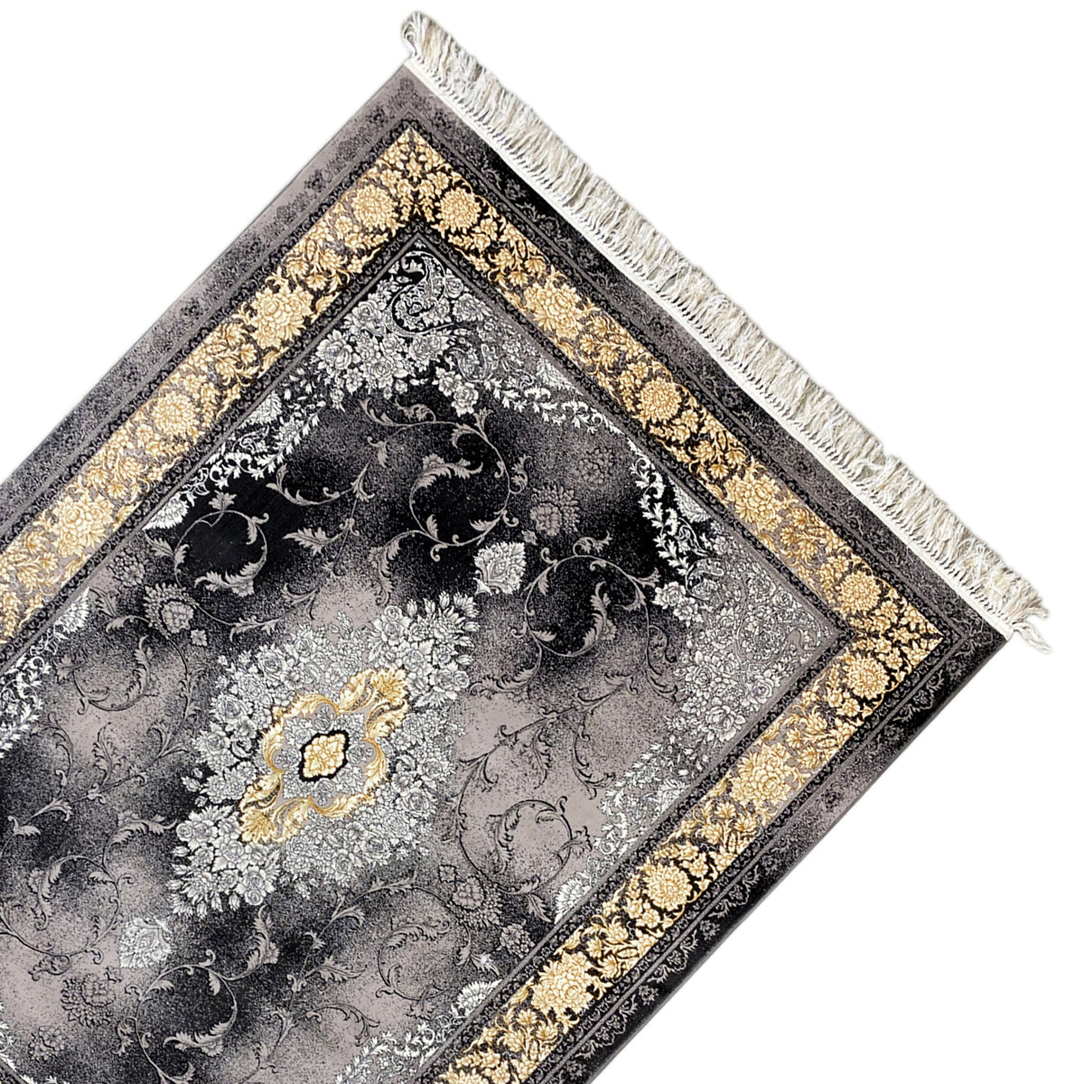Teppich-Ecke mit grauem Ornamentmuster, goldener Bordüre und weißen Fransen