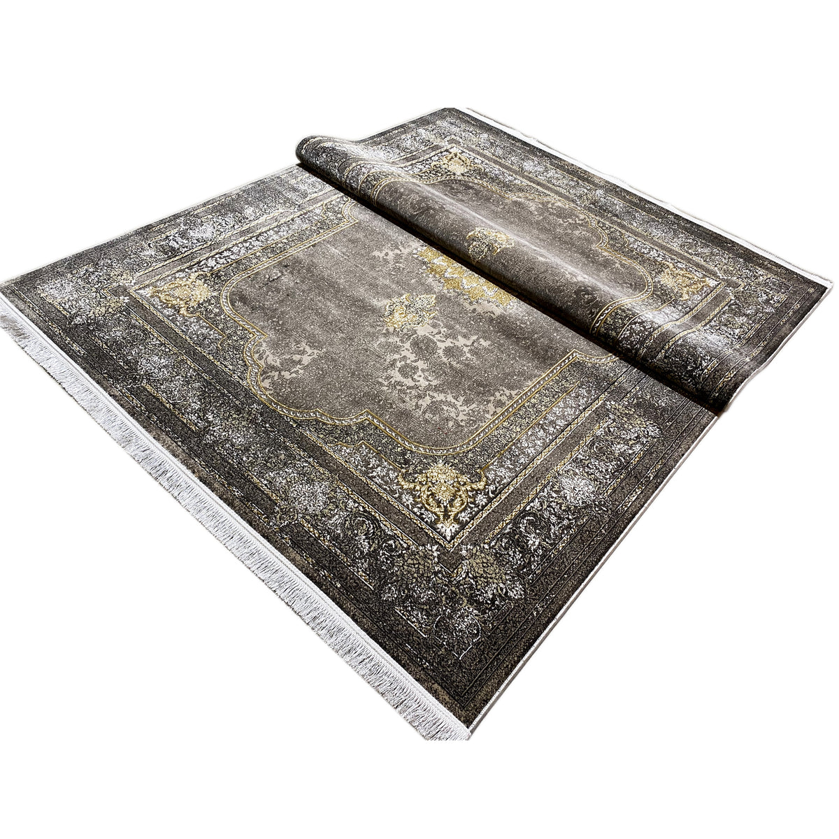 Orientteppich 170x240 cm, dunkelgrau mit goldenen Ornamenten, aufgerollte Optik