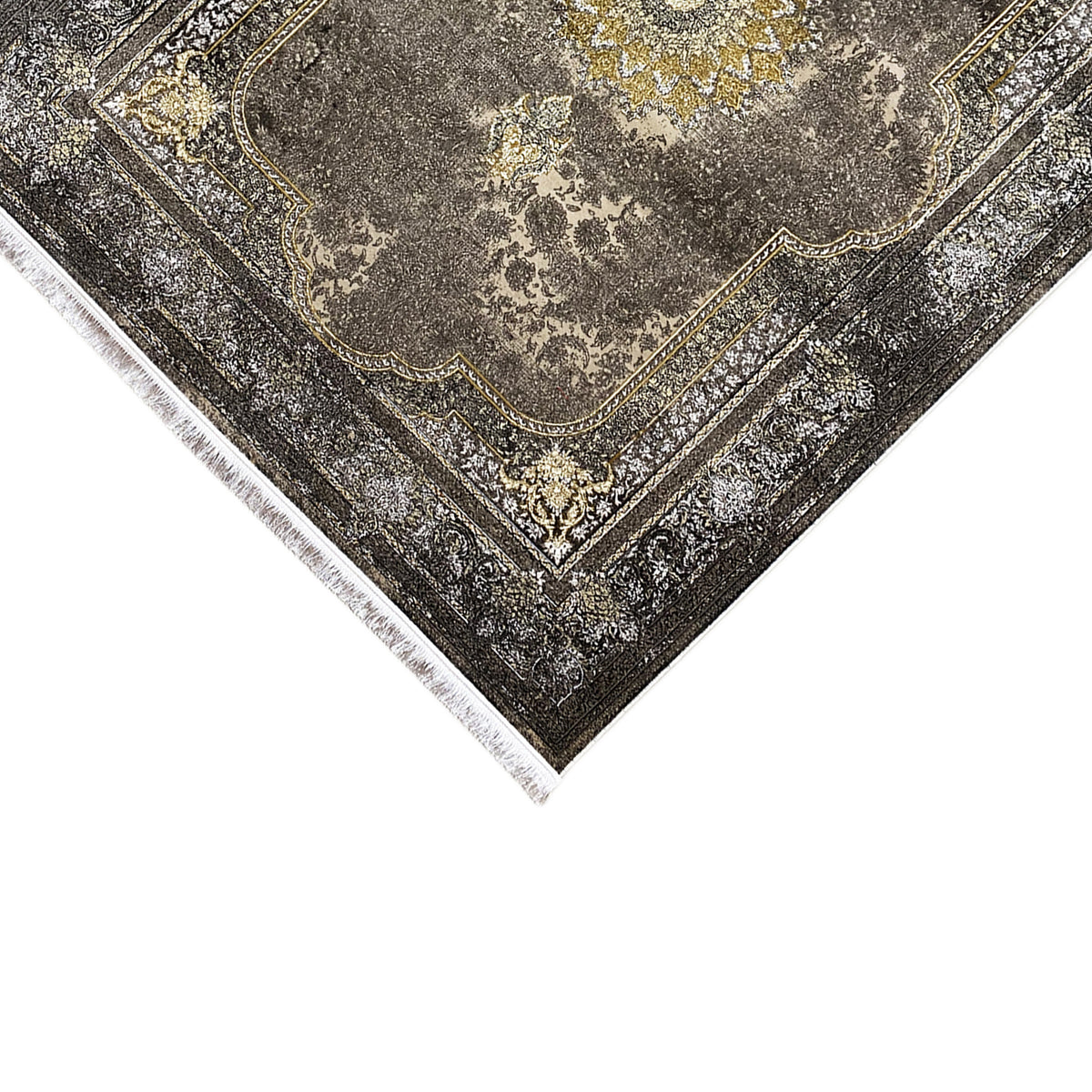 Orientteppich 170x240 cm, dunkelgrau mit Bordürenmuster, zentralem Medaillon, Fransenrand