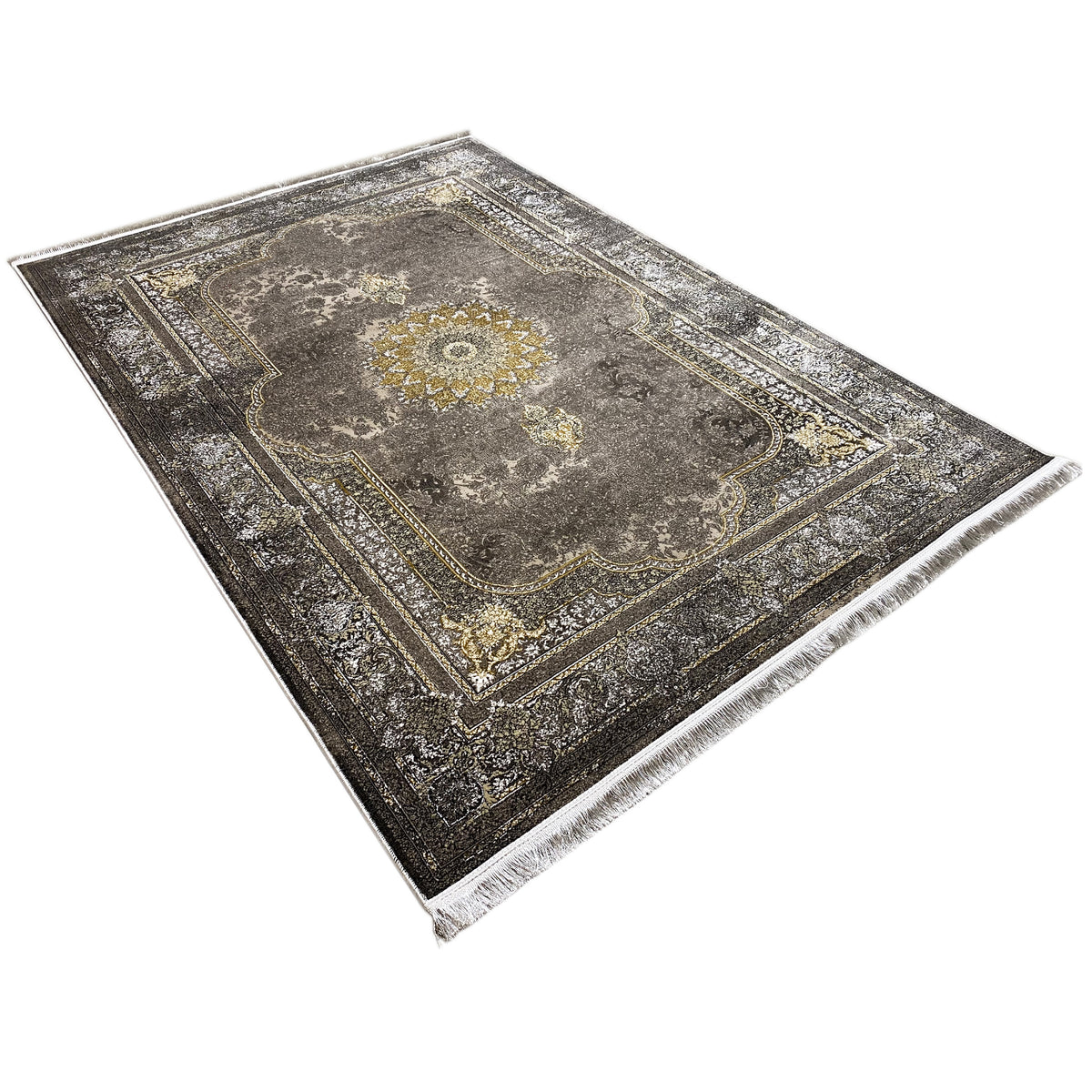 Orientteppich 170x240 cm, dunkelgrau mit Vintage-Bordüre in Gold und zentralem Medaillon