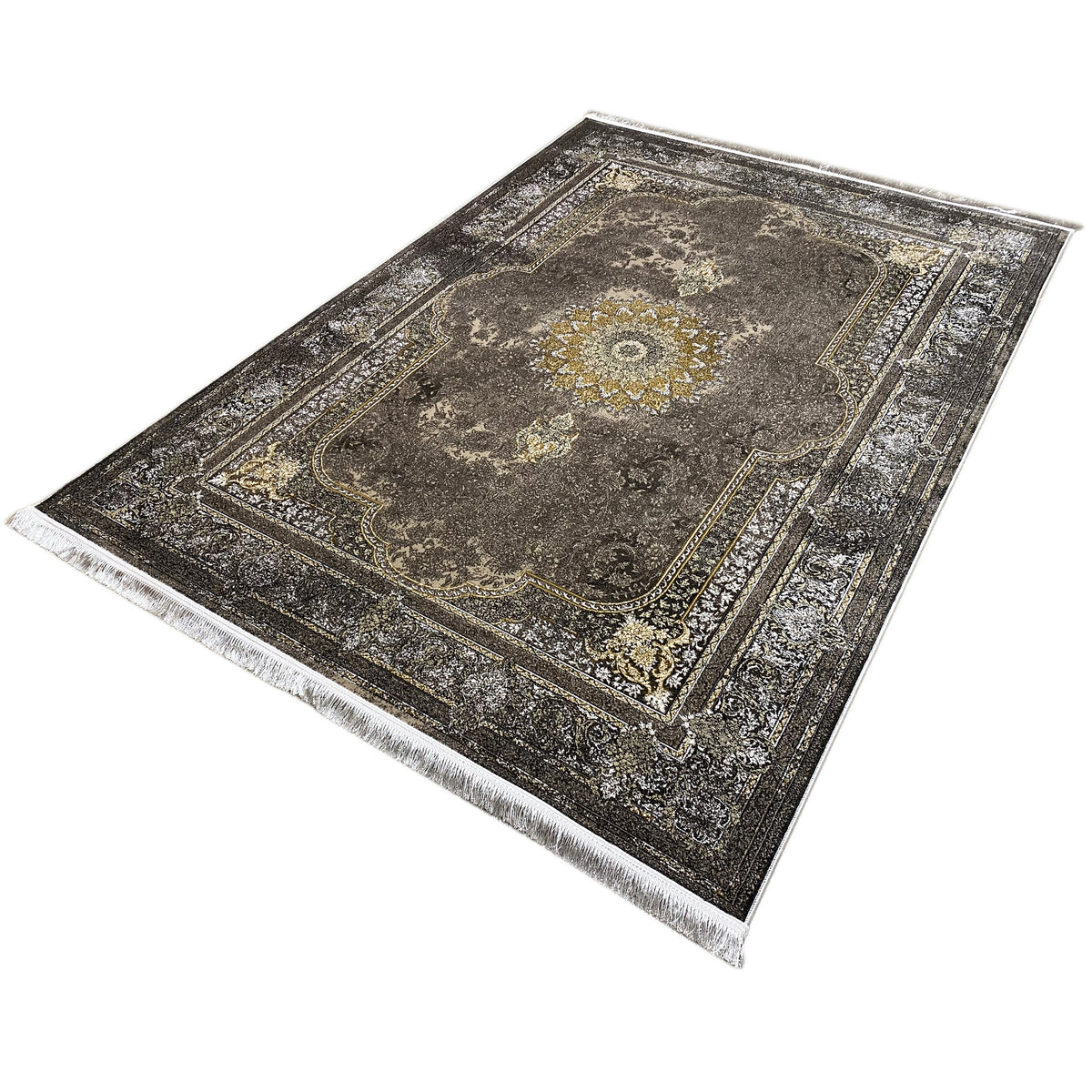 Orientteppich 170x240 cm, dunkelgrau mit Medaillon und goldener Ornament-Bordüre, Fransen