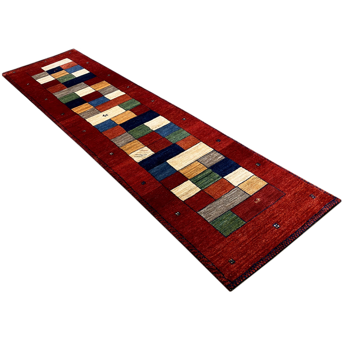 Gabbeh-Teppichläufer rot, schmaler Langläufer mit farbigen Quadrat- und Streifenfeldern