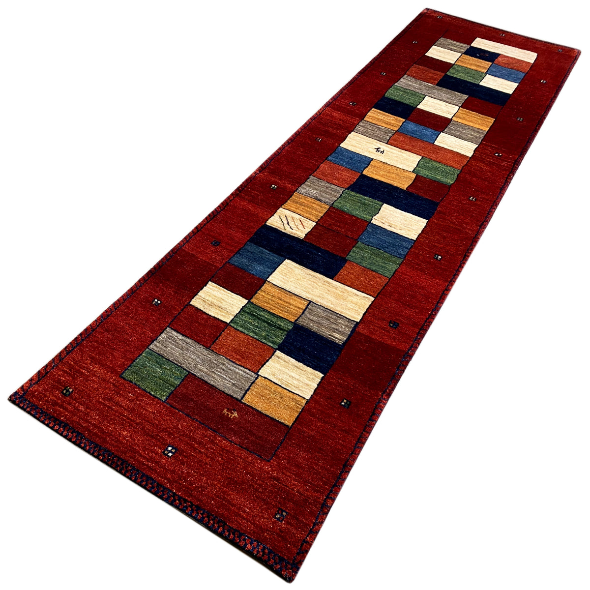 Gabbeh-Teppichläufer rot, langrechteckig mit zentralem Quadrat-Mosaik und buntem Rand