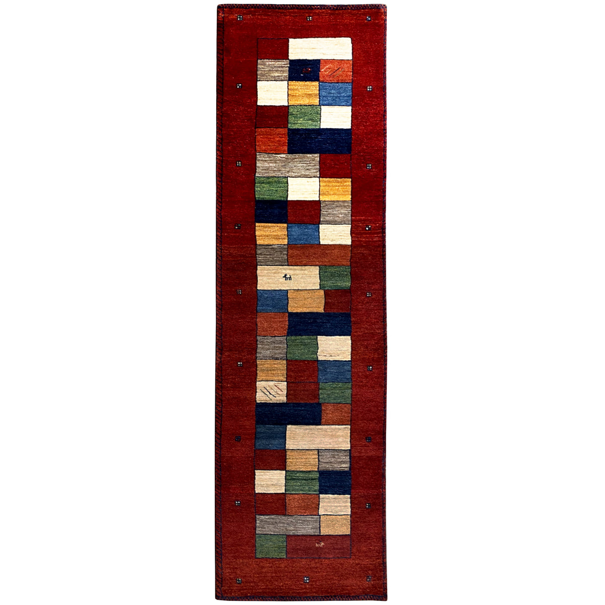 Gabbeh-Teppichläufer rot, geometrisches Patchwork-Muster mit mehrfarbigen Blöcken
