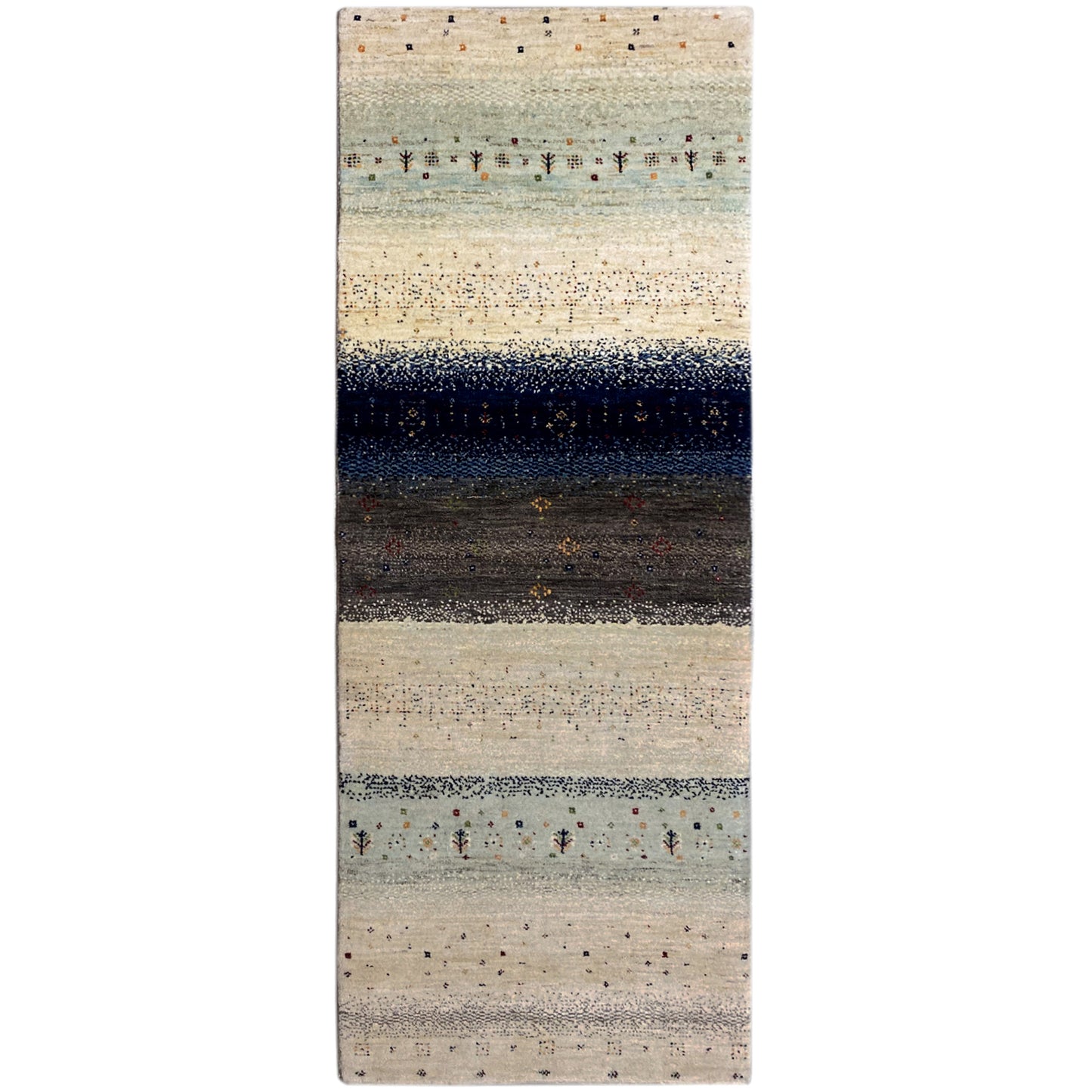 Gabbeh-Teppich-Läufer mit Streifen in Beige, Dunkelblau und Schwarz