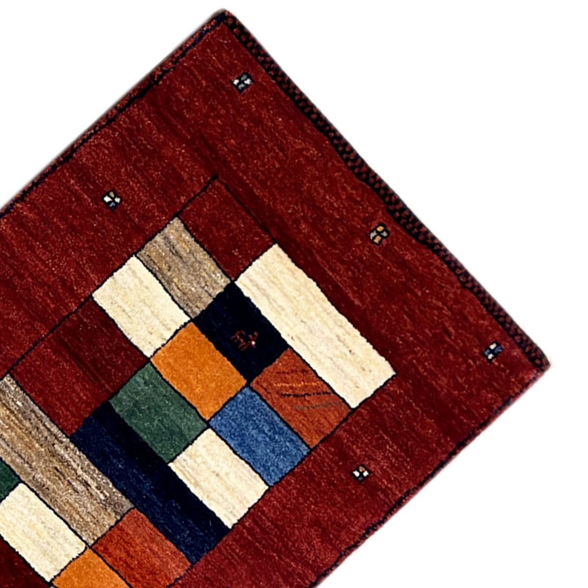 Gabbeh-Teppichläufer Ecke mit rotem Flor, mehrfarbigem Mittelornament und kleinen Punkten