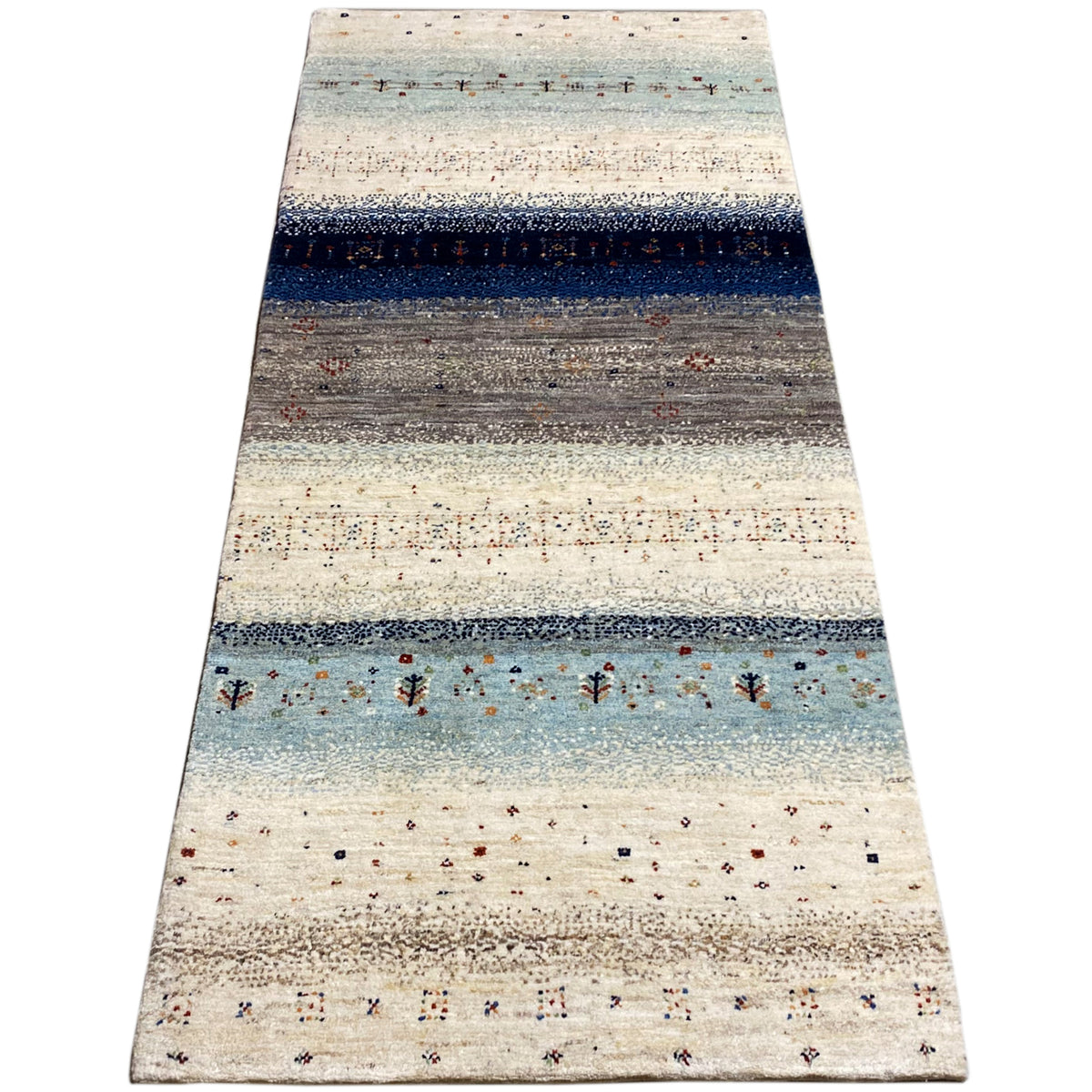 Blauer Gabbeh-Teppichläufer, gestreiftes Design in Blau, Grau und Hellbeige