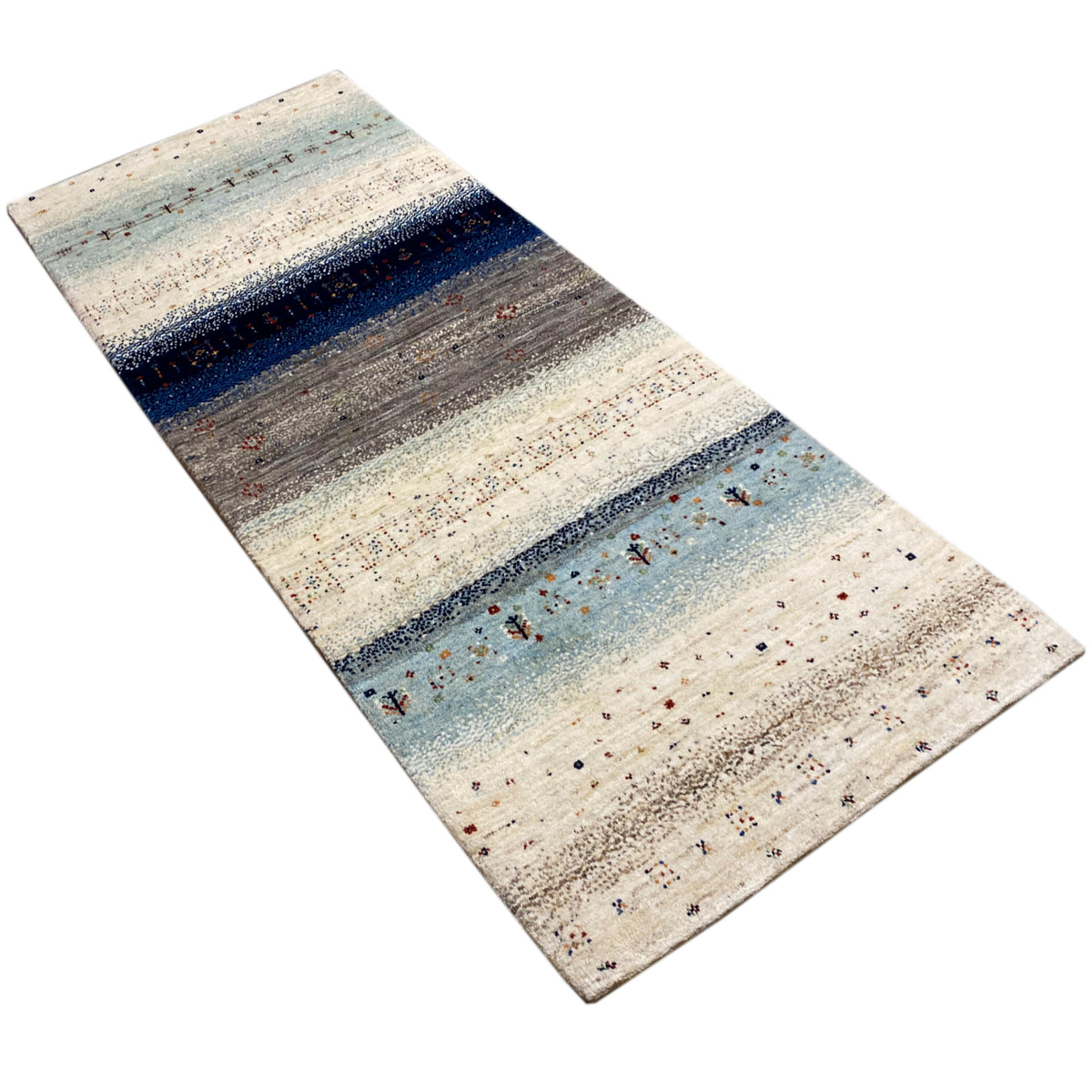 Blauer Gabbeh-Teppichläufer diagonal, Streifenoptik in Blau und Grau auf Hellbeige