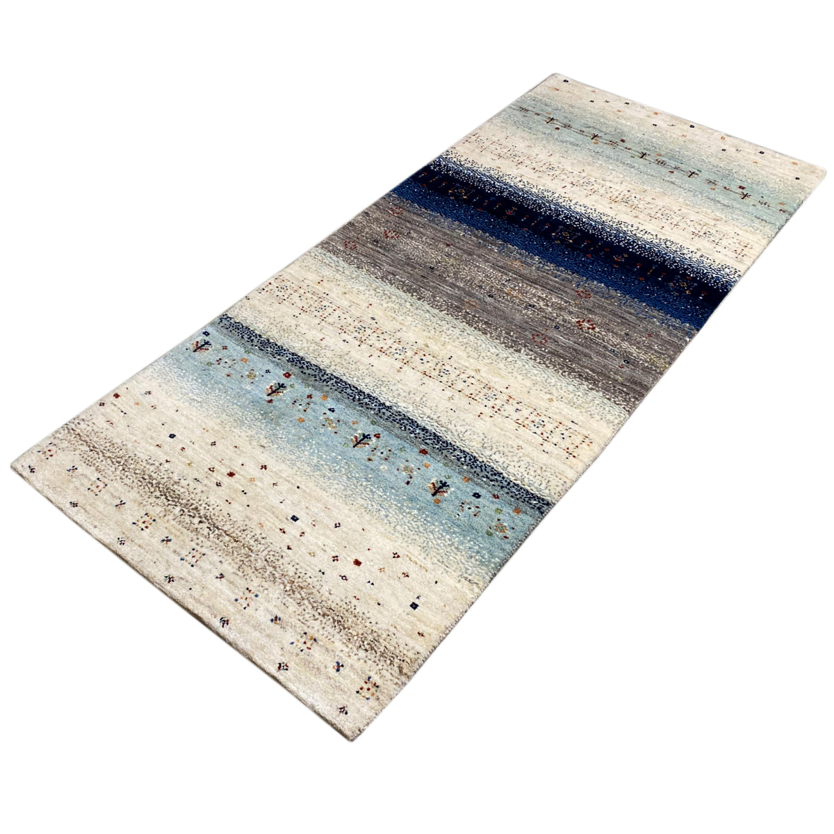 Blauer Gabbeh-Teppichläufer diagonal mit breitem blauen Mittelband und Grautönen