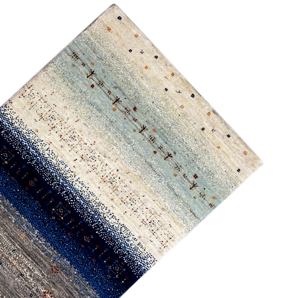 Gabbeh-Teppichläufer Detail am Eck: Hellbeige mit hellem Blau und dunklerem Streifen