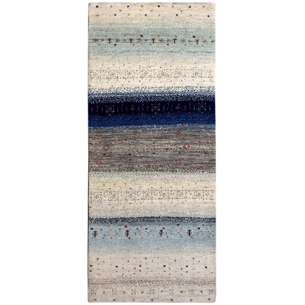 Blauer Gabbeh-Teppichläufer mit Streifen in Blau, Grau und Hellbeige, rechteckig