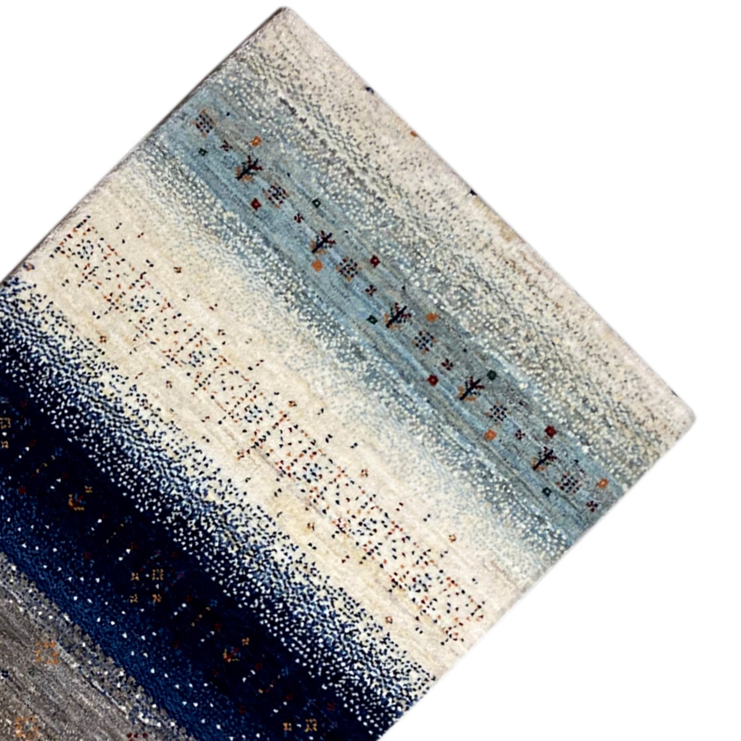 Gabbeh-Teppichläufer, seitliche Ansicht: mittig blaues Streifenmuster mit kleinen Ornamenten