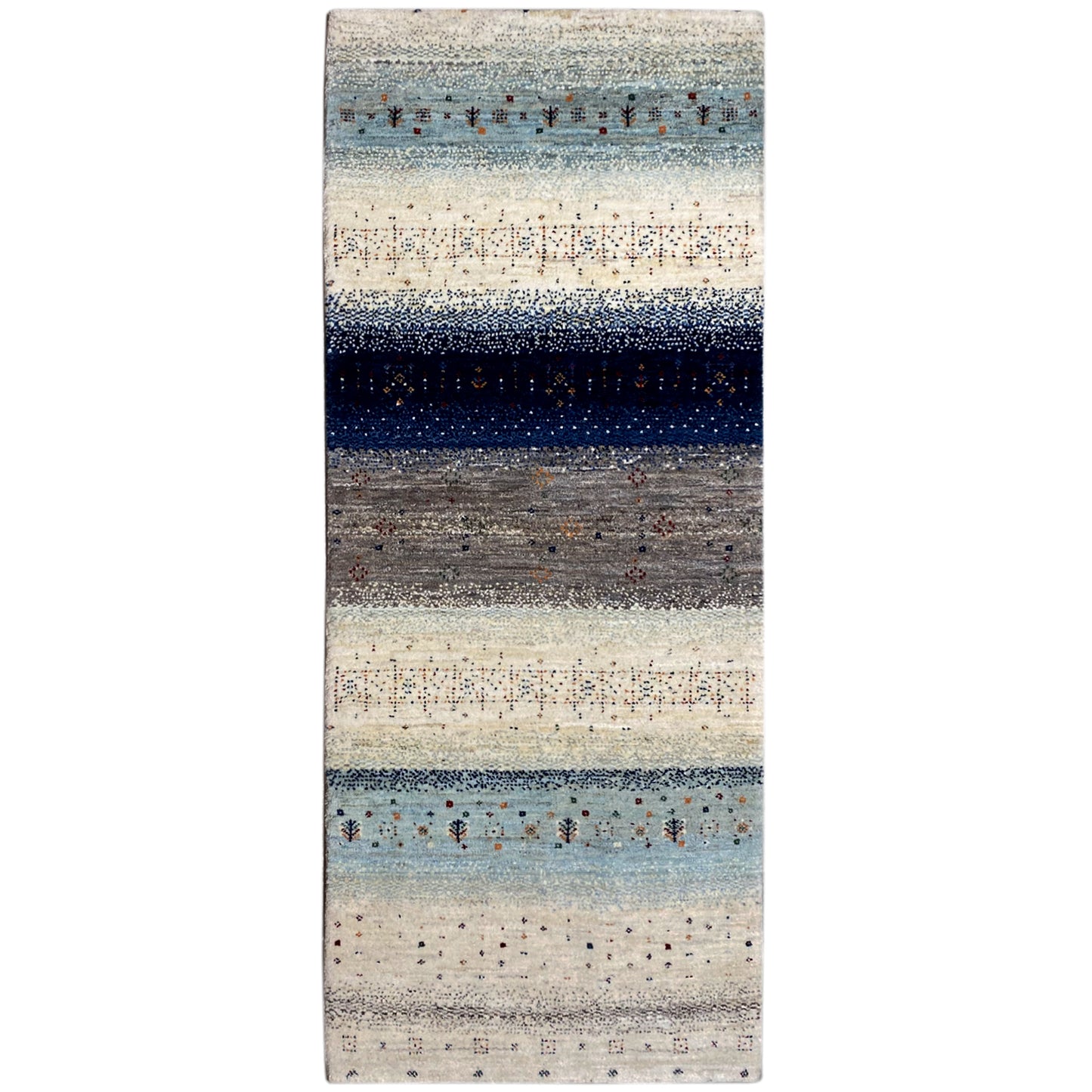 Gabbeh-Teppichläufer mit Streifen in hellbeige, blau und dunkelblau, florales Muster